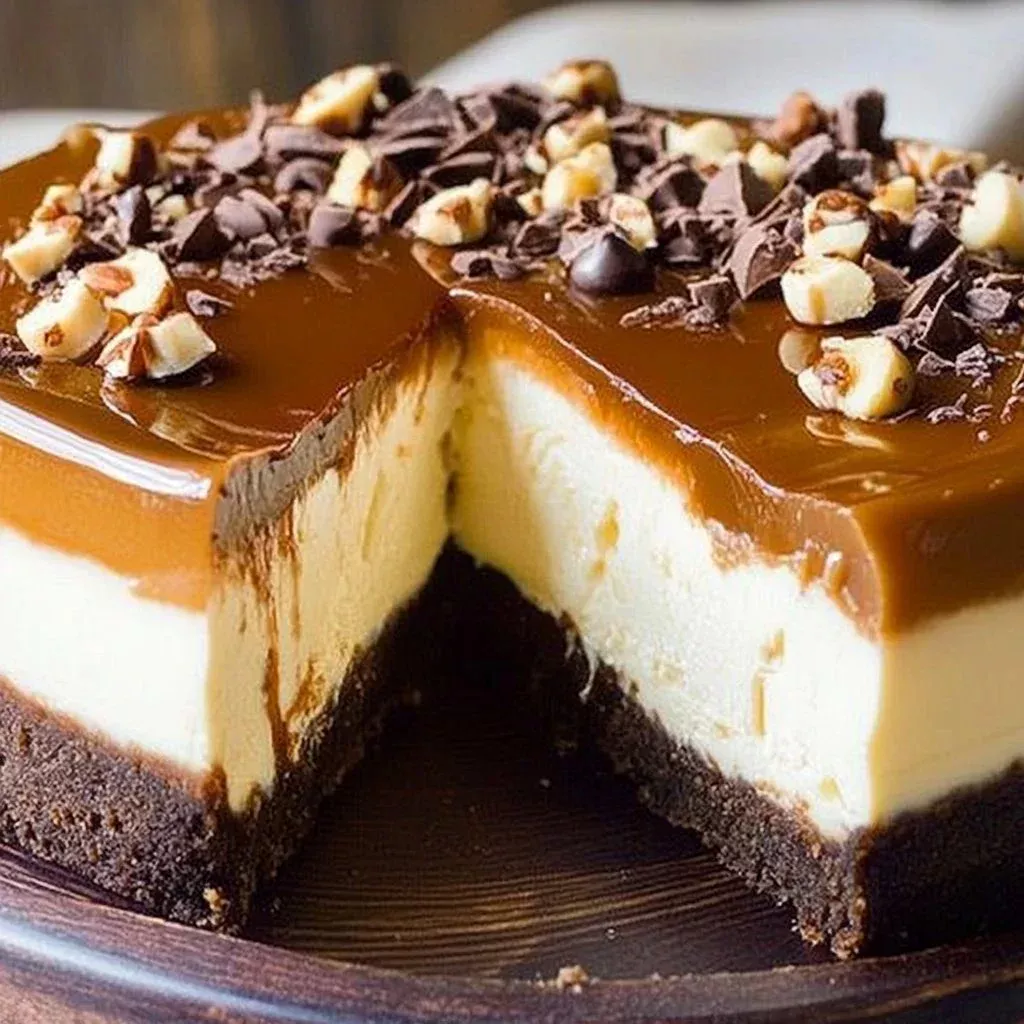 Creamy turtle-inspired cheesecake topped with caramel, nuts, and chocolate