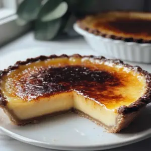Creamy vanilla caramel custard pie served on a wooden table