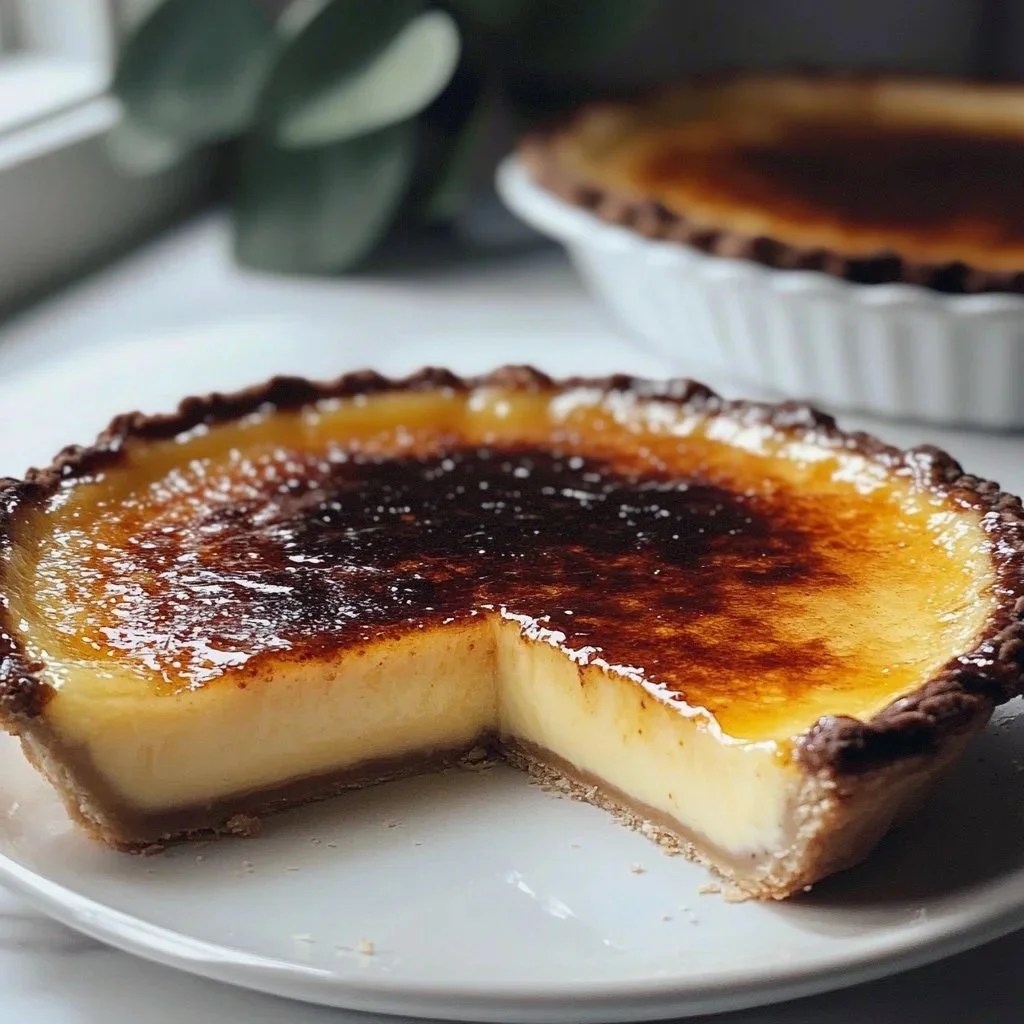 Creamy vanilla caramel custard pie served on a wooden table