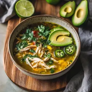 Bowl of creamy white chicken chili garnished with cilantro and lime.