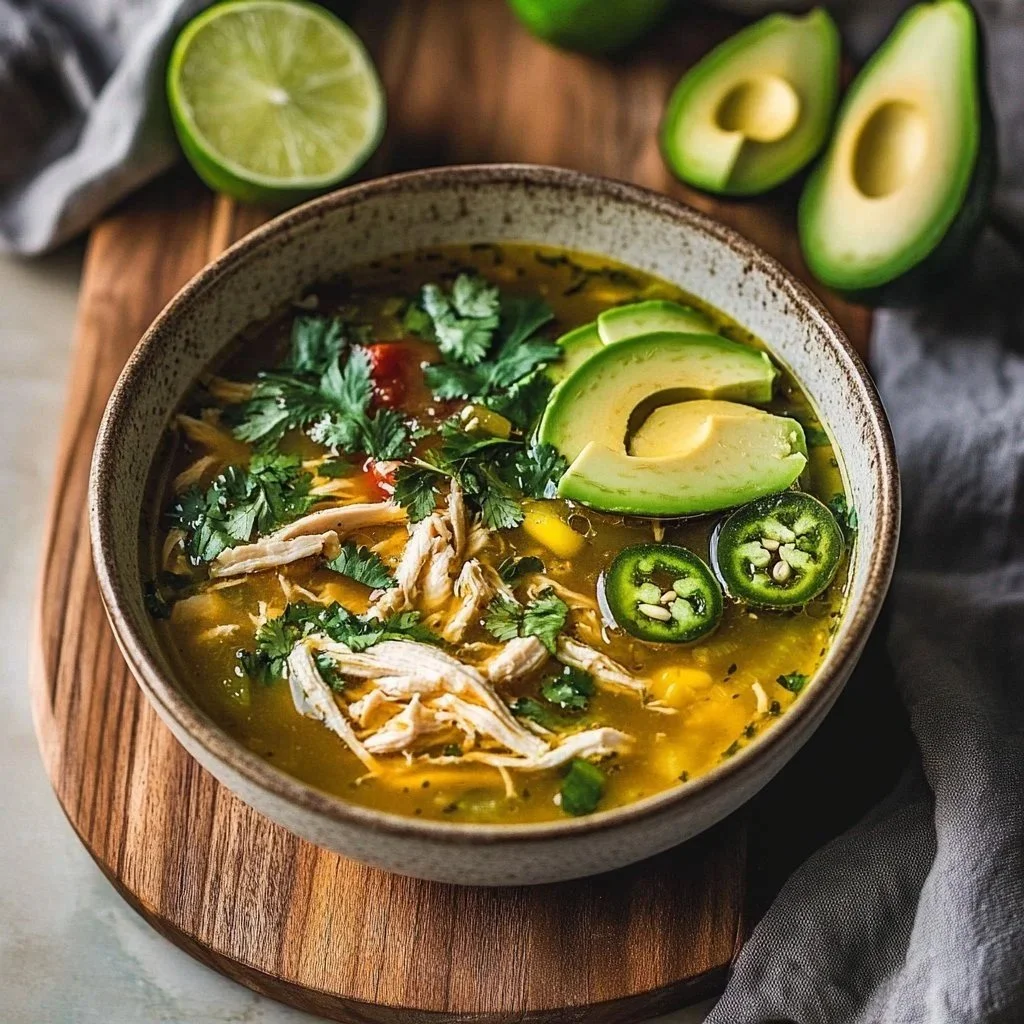 Bowl of creamy white chicken chili garnished with cilantro and lime.