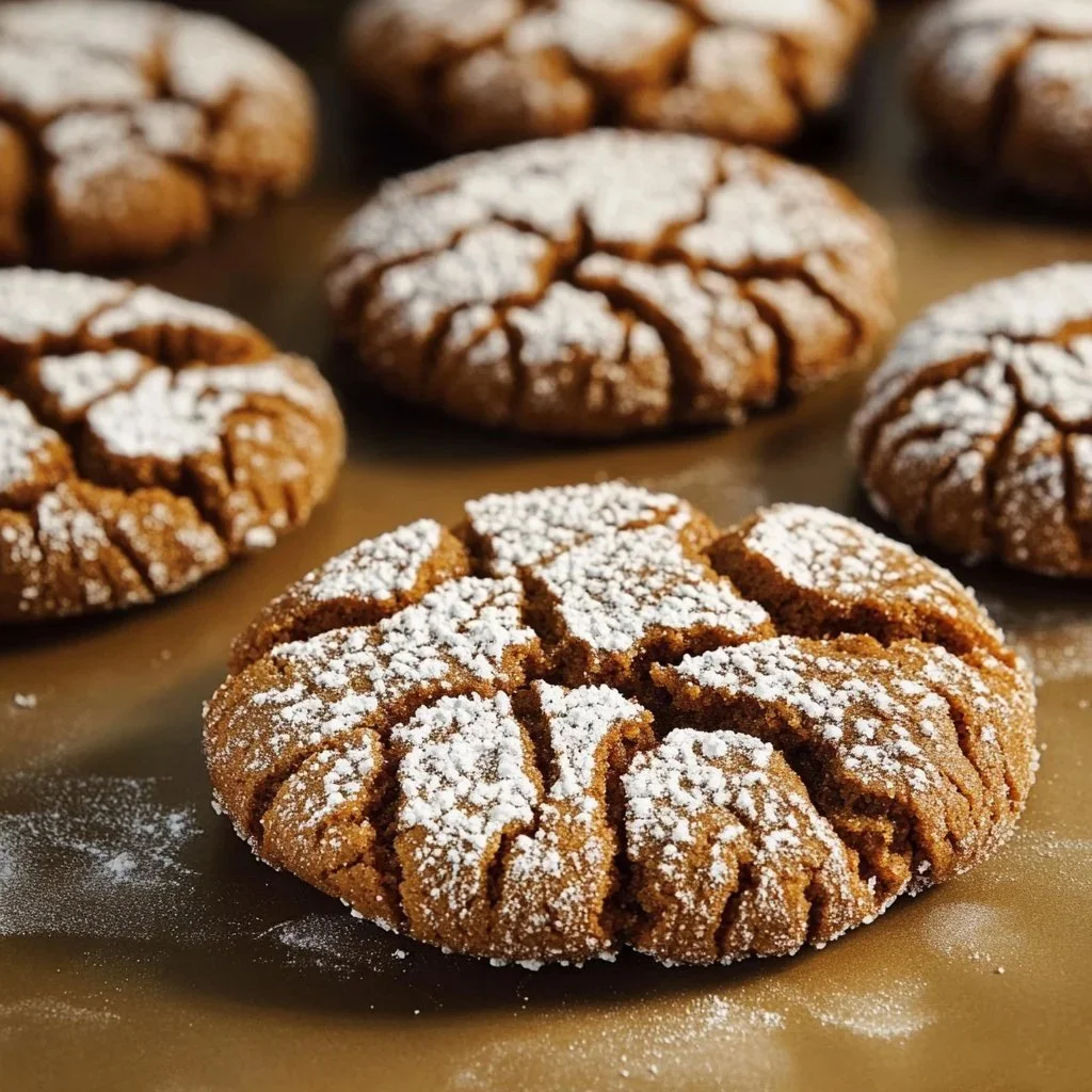 Freshly baked crinkled gingerbread cookies on a cooling rack.