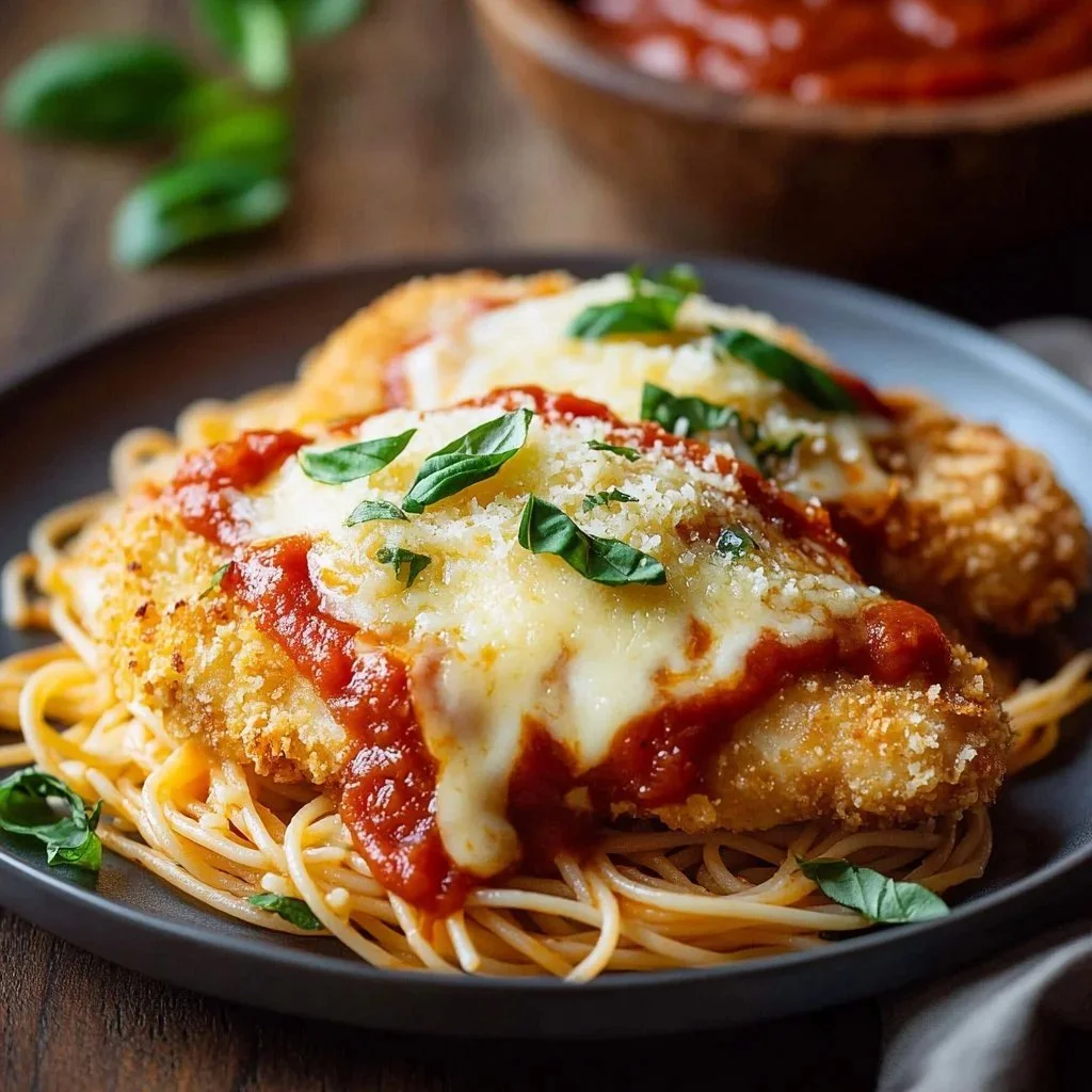 Crispy Air Fried Chicken Parmesan served with a side of pasta and fresh herbs