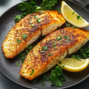 Crispy air fryer tilapia served on a plate with lemon and herbs