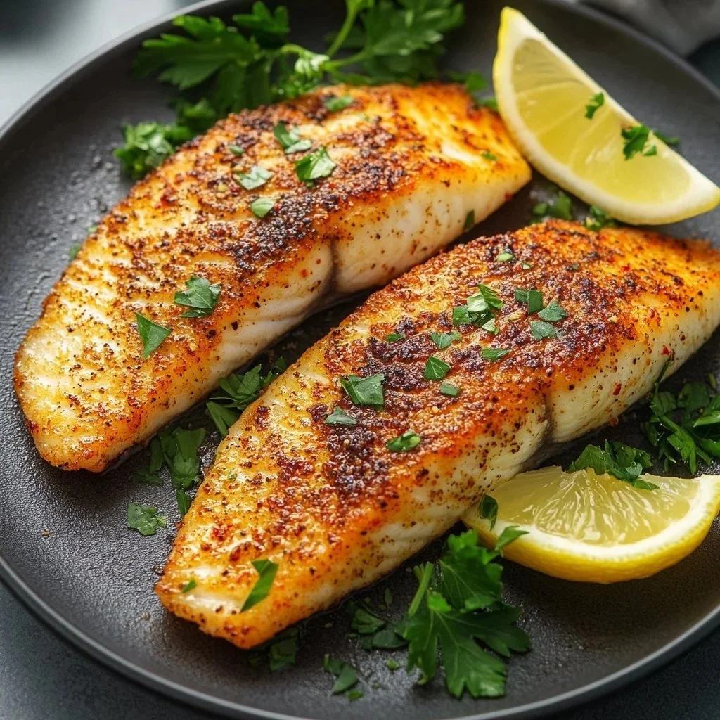 Crispy air fryer tilapia served on a plate with lemon and herbs
