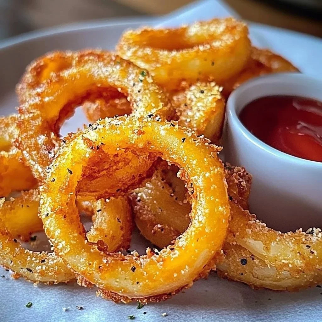 Delicious crispy cheesy onion rings served as a tasty snack