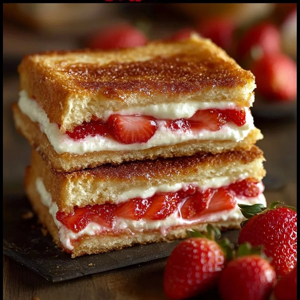 Crispy fried strawberry cheesecake sandwiches served on a plate