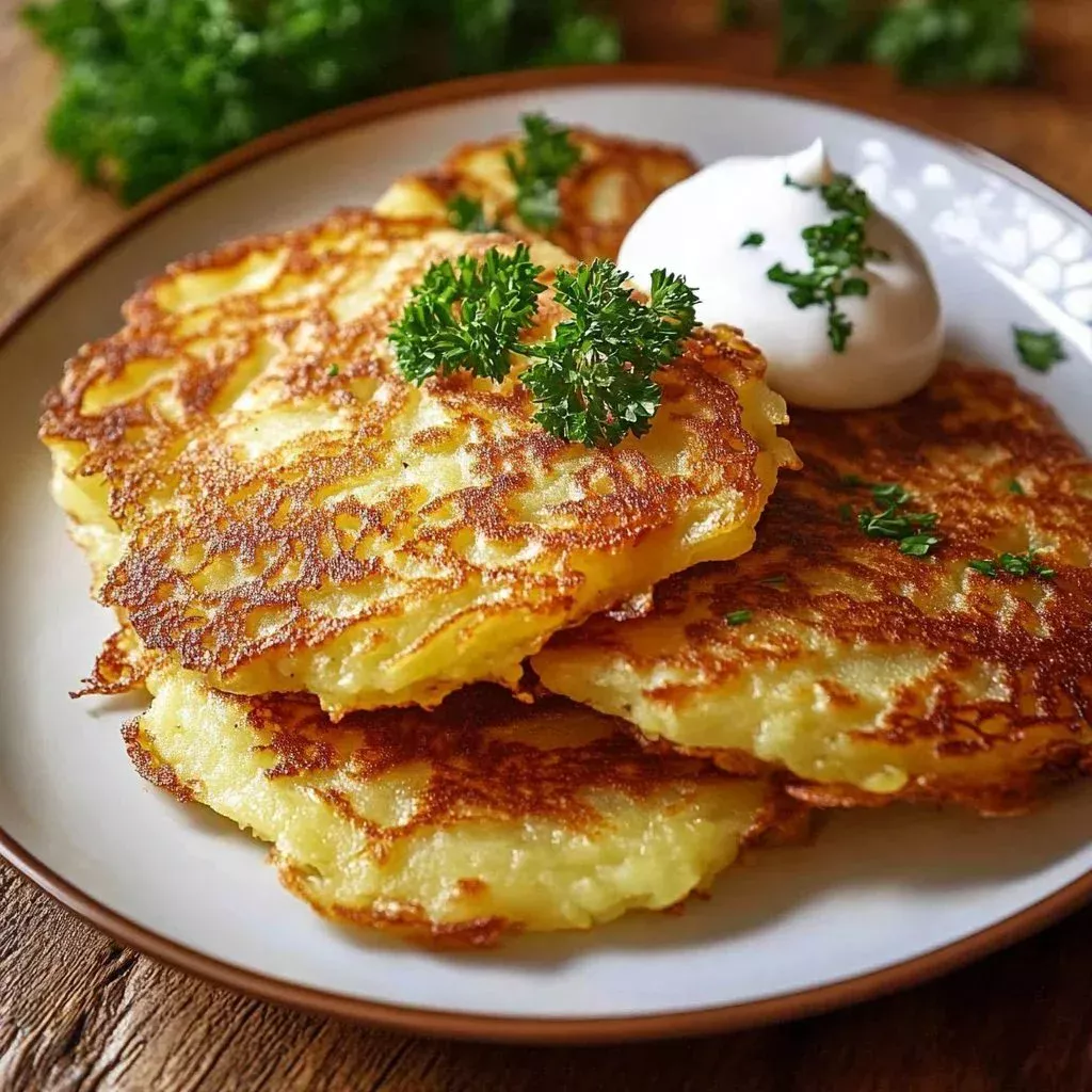 Crispy German potato pancakes served with sour cream and chives.