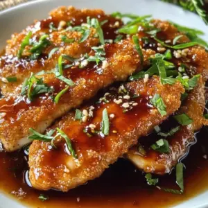 Crispy honey garlic chicken served on a plate with garnishes