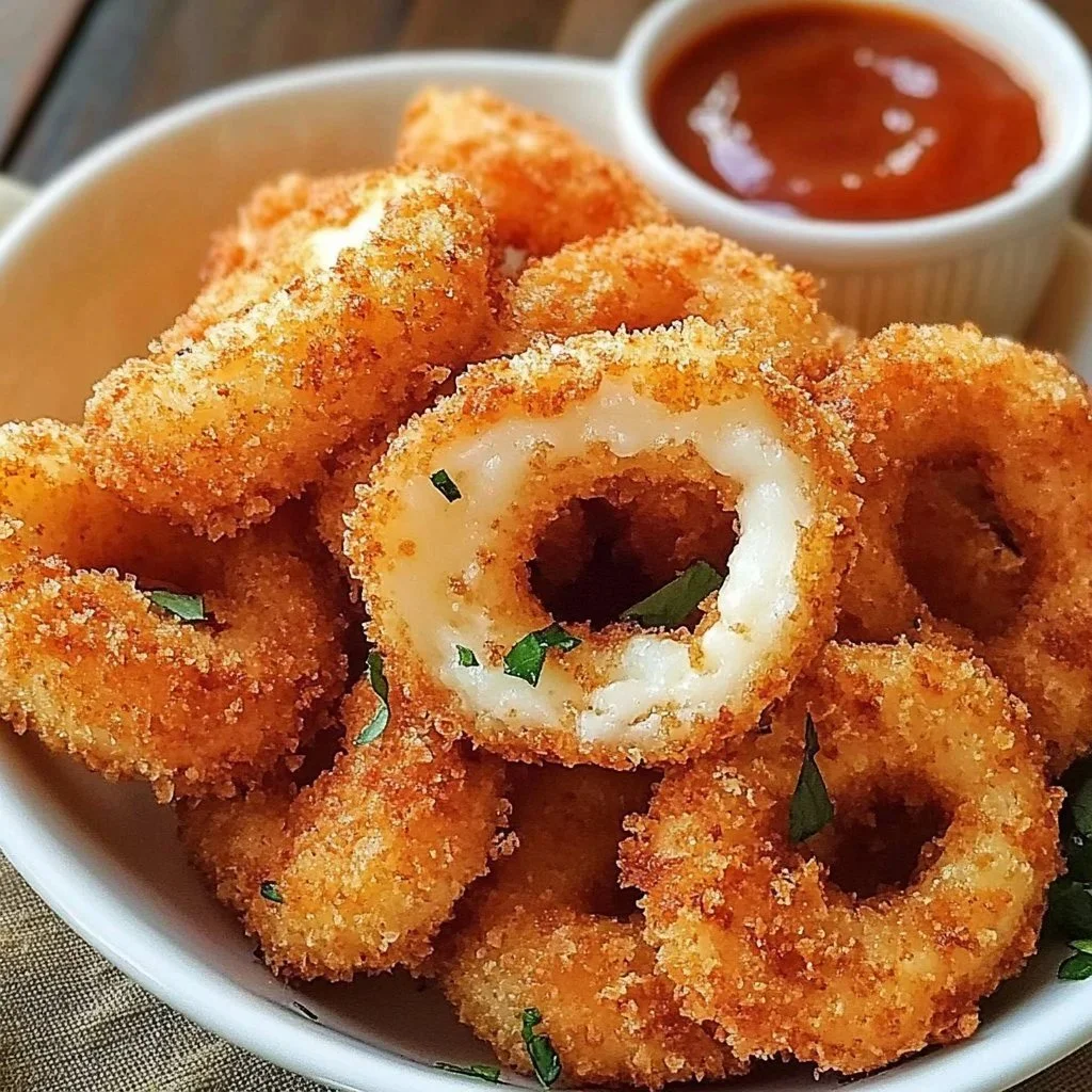 Crispy mozzarella onion ring sticks served as a delicious appetizer