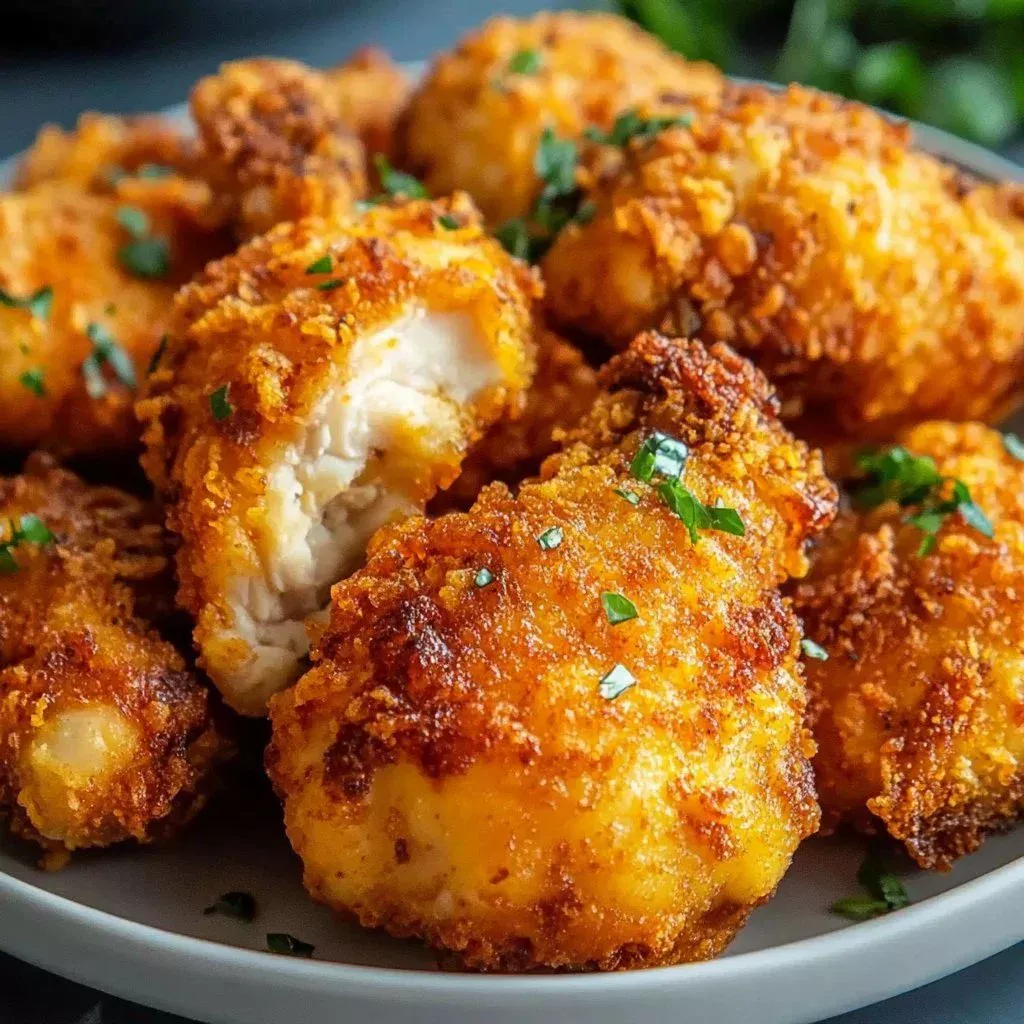 Crispy oven-baked chicken plated with herbs and lemon slices