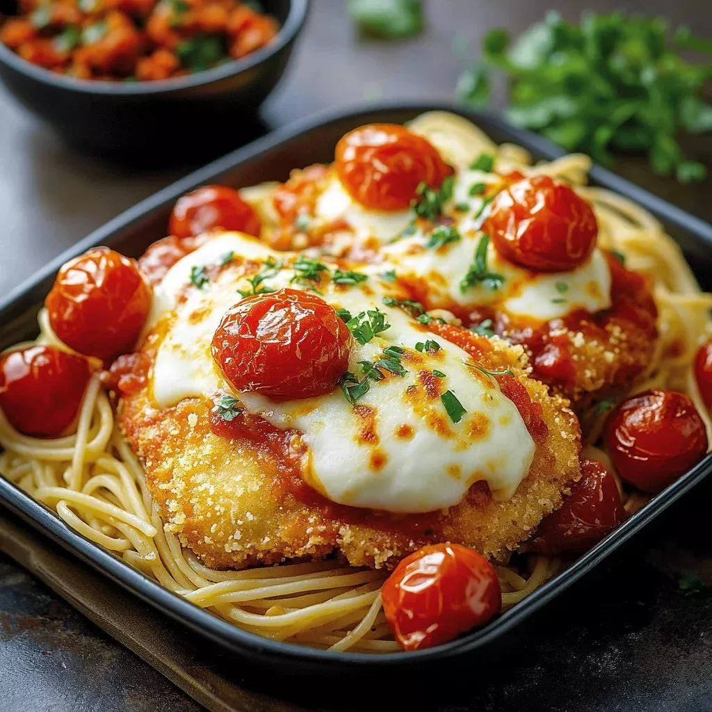 Crispy oven-baked chicken parmesan served with marinara sauce and herbs.