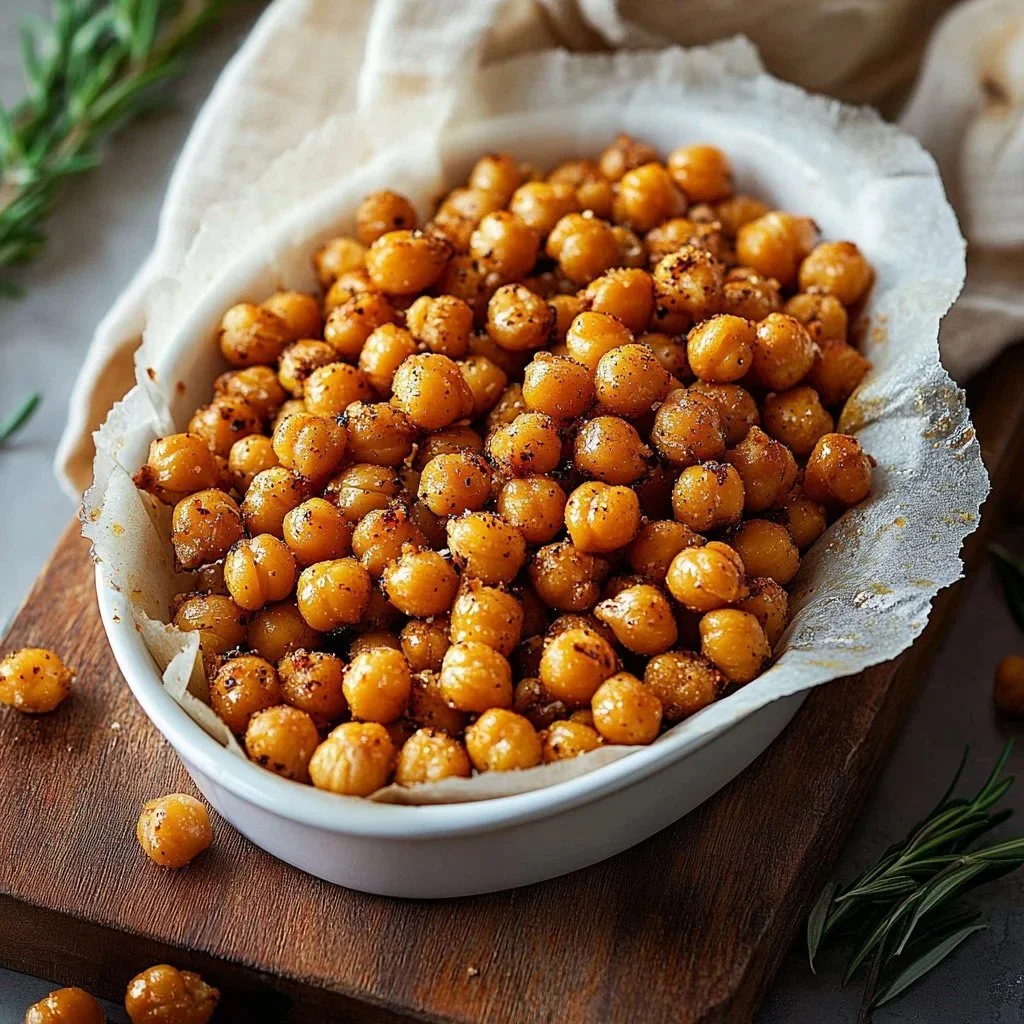 Crispy oven roasted chickpeas seasoned and ready to enjoy as a healthy snack.