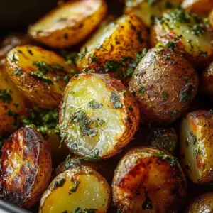 Crispy Parmesan pesto potatoes, golden and garnished, served in a bowl.