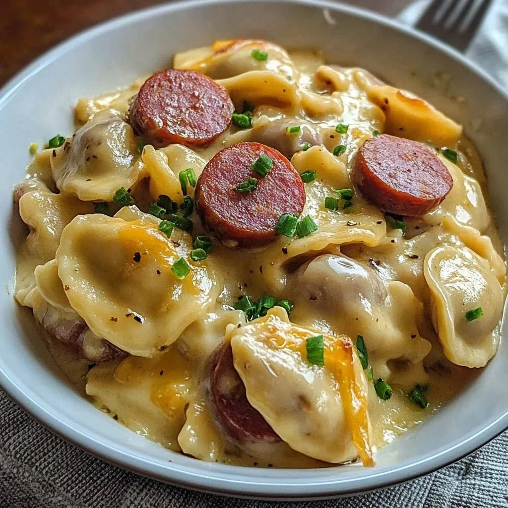 Crockpot Kielbasa Pierogi Casserole topped with cheese and herbs in a baking dish