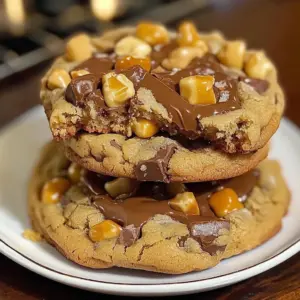 Crunchy Butterfinger Caramel Cookies with chocolate and caramel drizzle