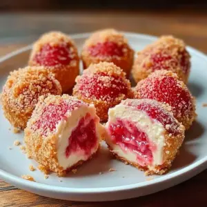 Crunchy strawberry cheesecake bites served on a plate