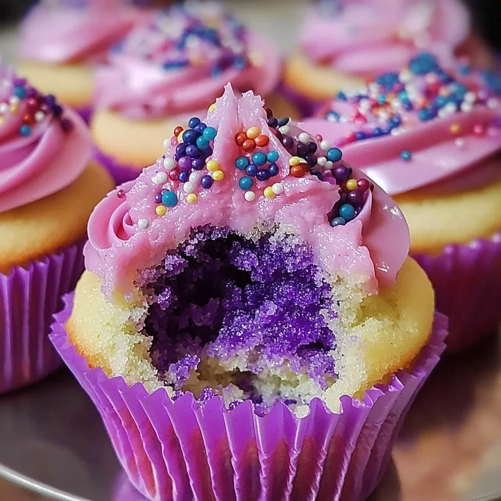 Delicious crushed grape cupcakes topped with frosting and fresh grapes.