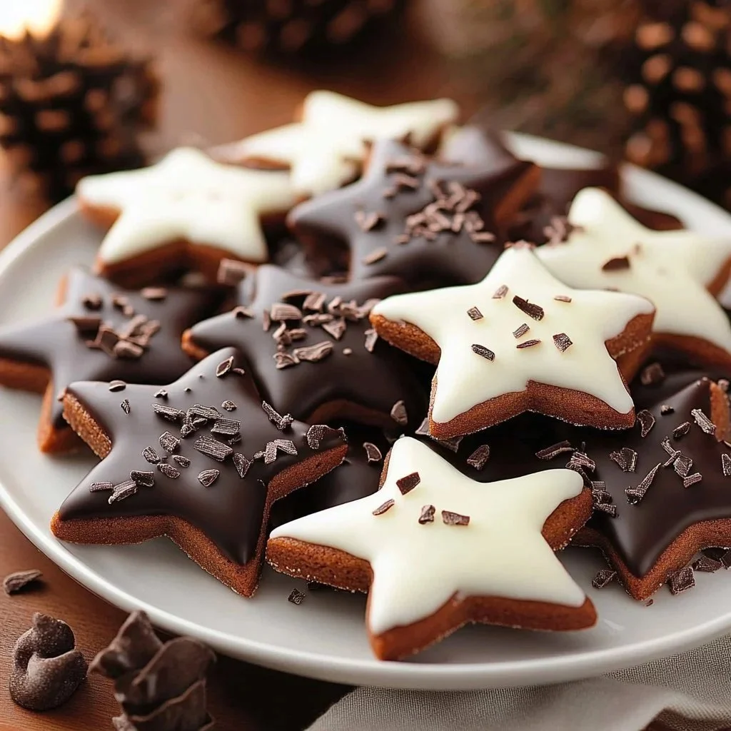 Dark chocolate dipped star-shaped shortbread cookies on a decorative plate