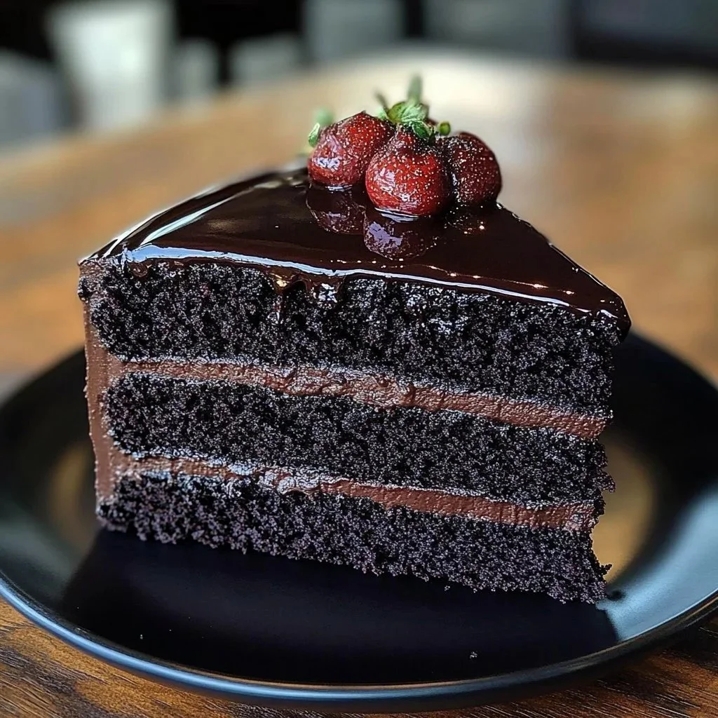 Delicious slice of Dark Velvet Cake topped with cream and chocolate drizzle