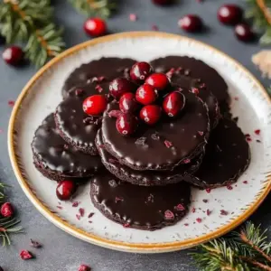 Delicious chocolate covered cranberries on a white plate