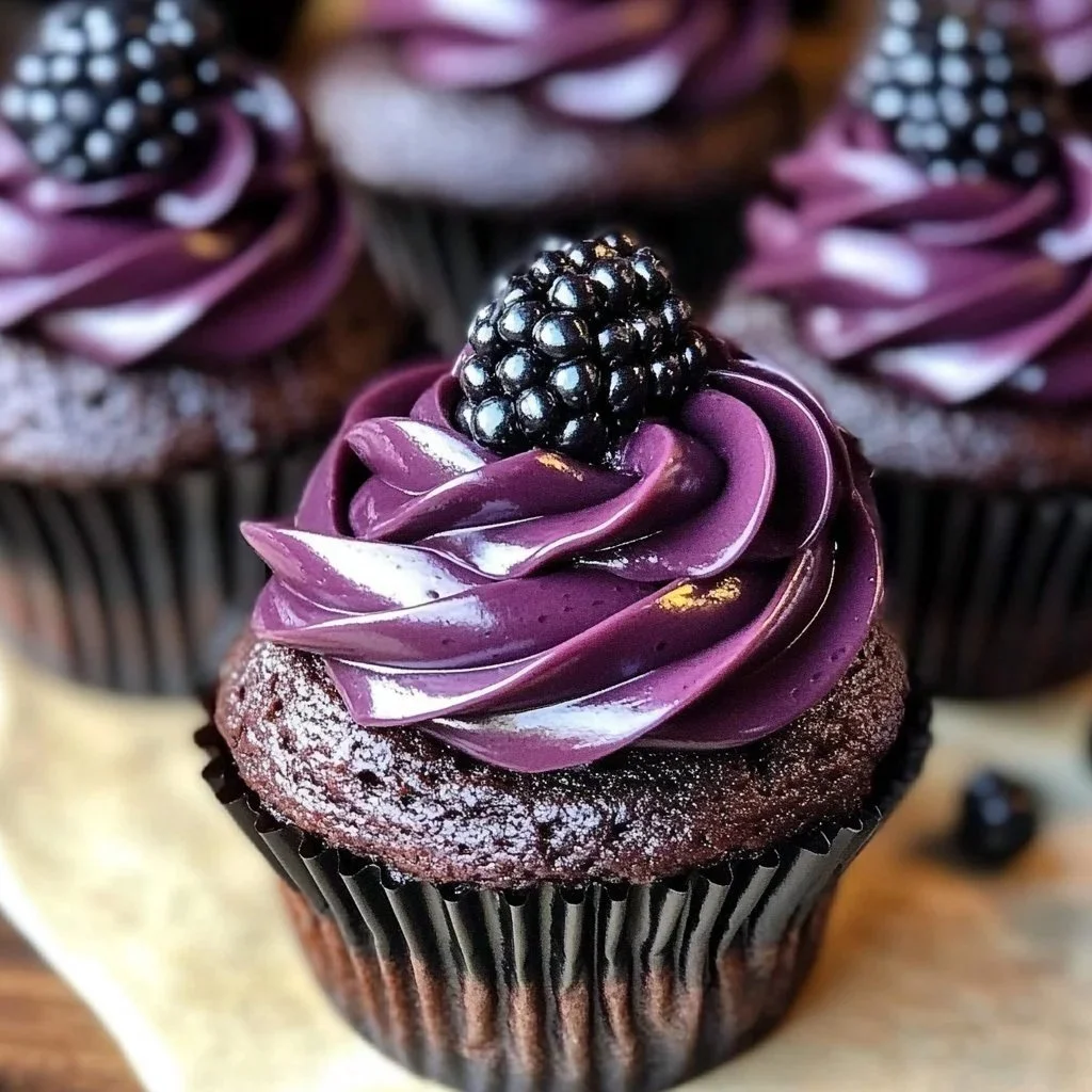 Decadent blackberry chocolate cupcakes topped with fresh blackberries and chocolate frosting