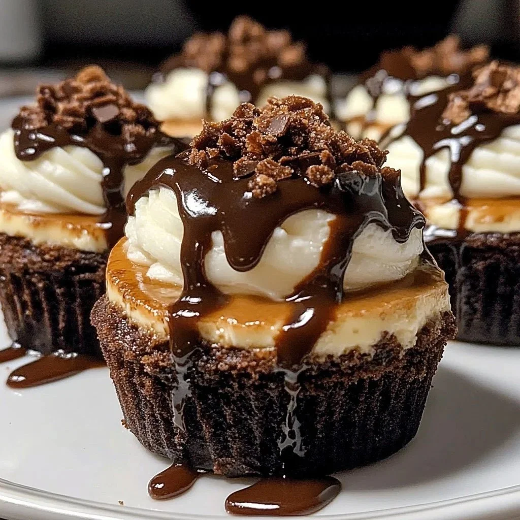 Decadent brownie cheesecake cups featuring chocolate and cream cheese layers