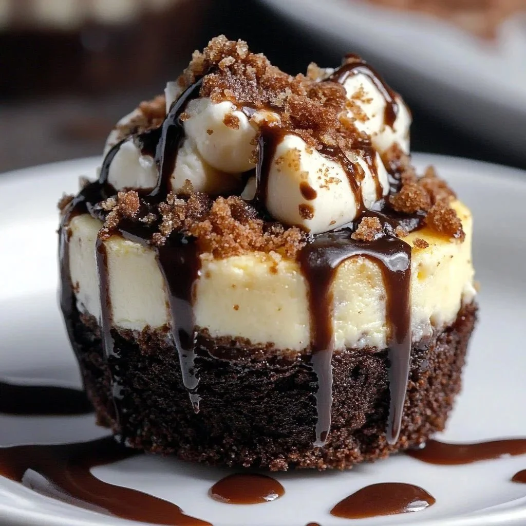 Decadent brownie cheesecake cups topped with chocolate drizzle