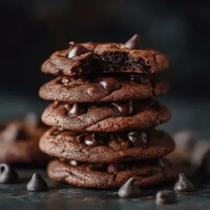 Freshly baked double-chocolate cookies on a cooling rack