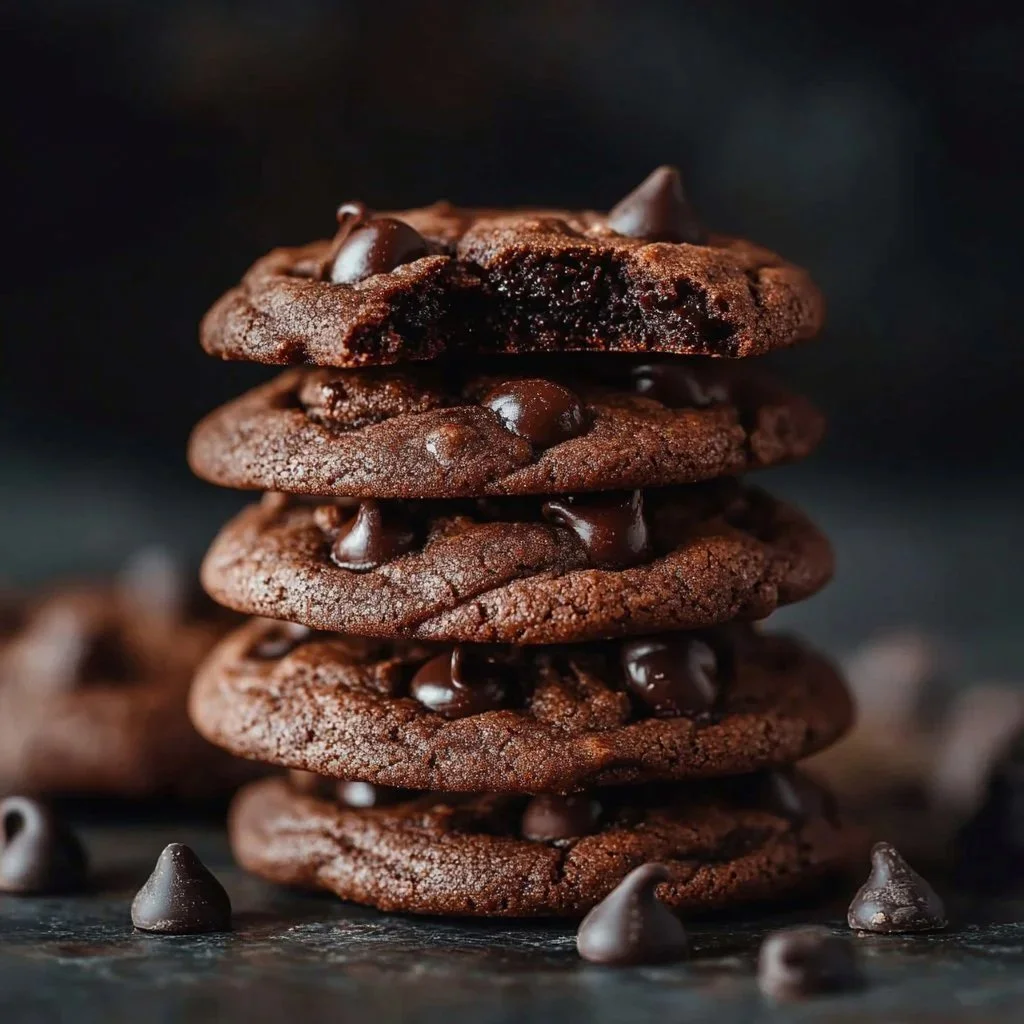 Freshly baked double-chocolate cookies on a cooling rack
