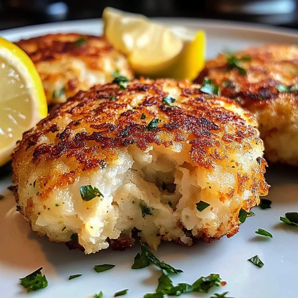 Delicious Maryland-style crab cakes served with lemon wedges and tartar sauce