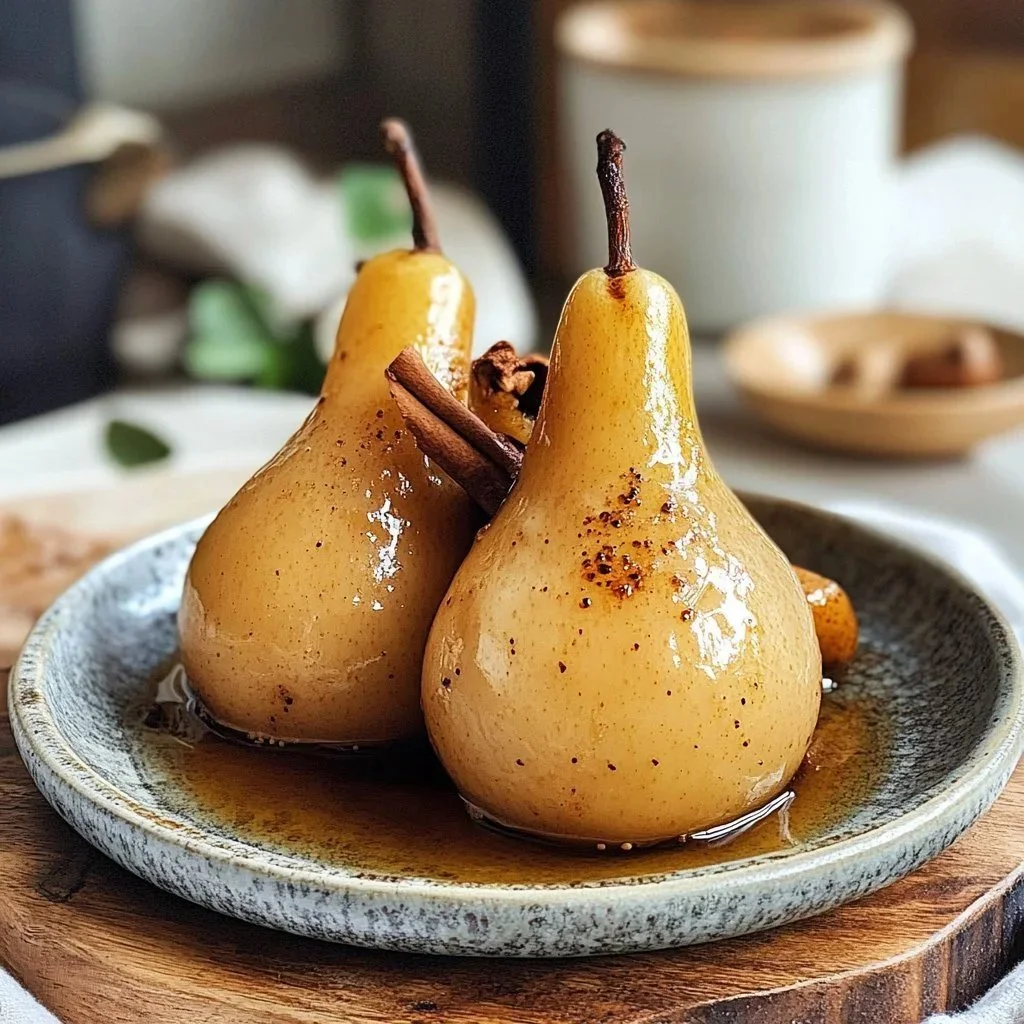 Delicious poached pears in syrup served in a bowl