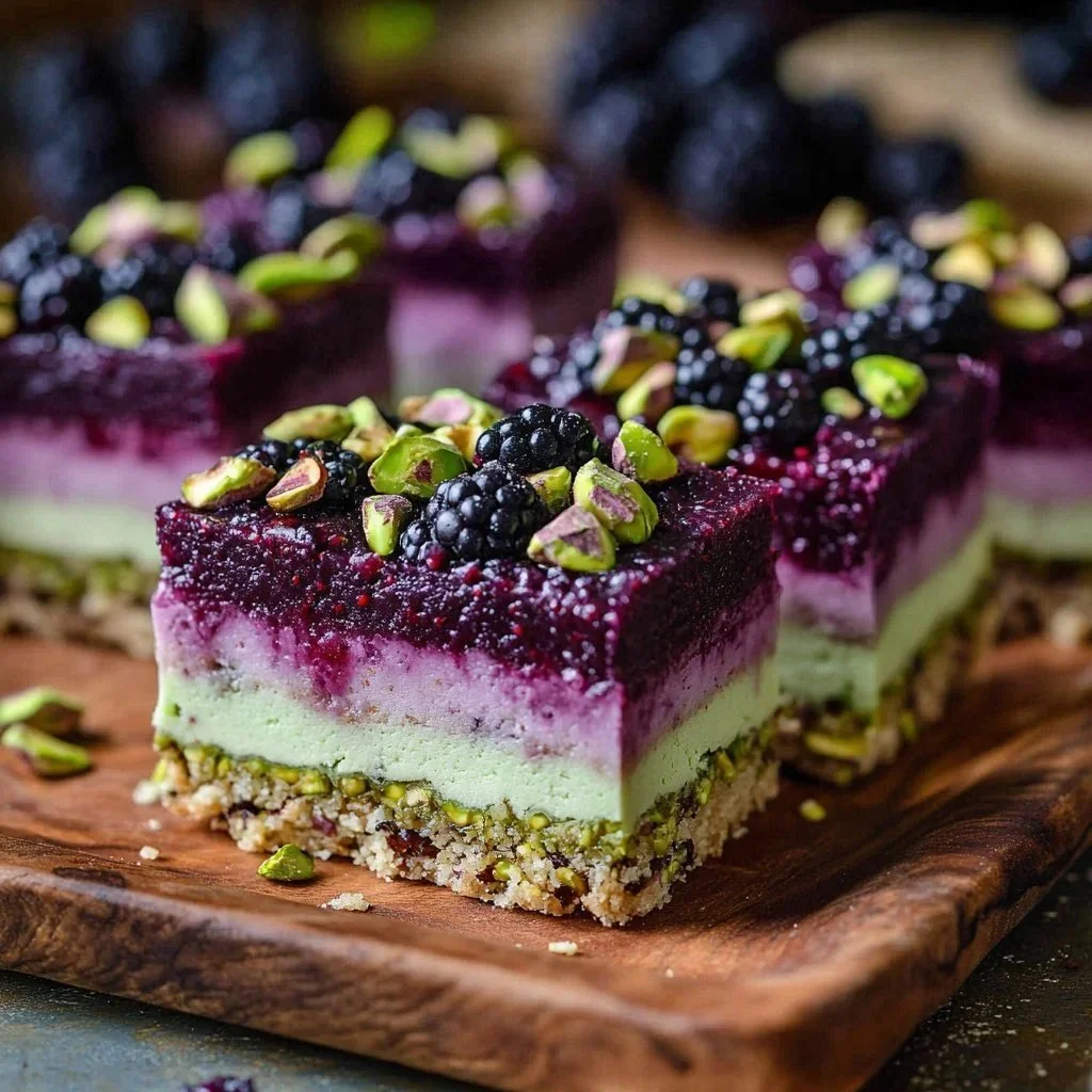 Delicious blackberry pistachio bars served on a plate with fresh berries.