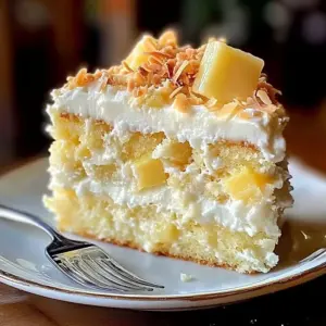 Delicious dreamy pineapple coconut cake topped with coconut flakes and pineapple slices.