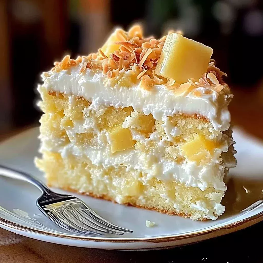 Delicious dreamy pineapple coconut cake topped with coconut flakes and pineapple slices.