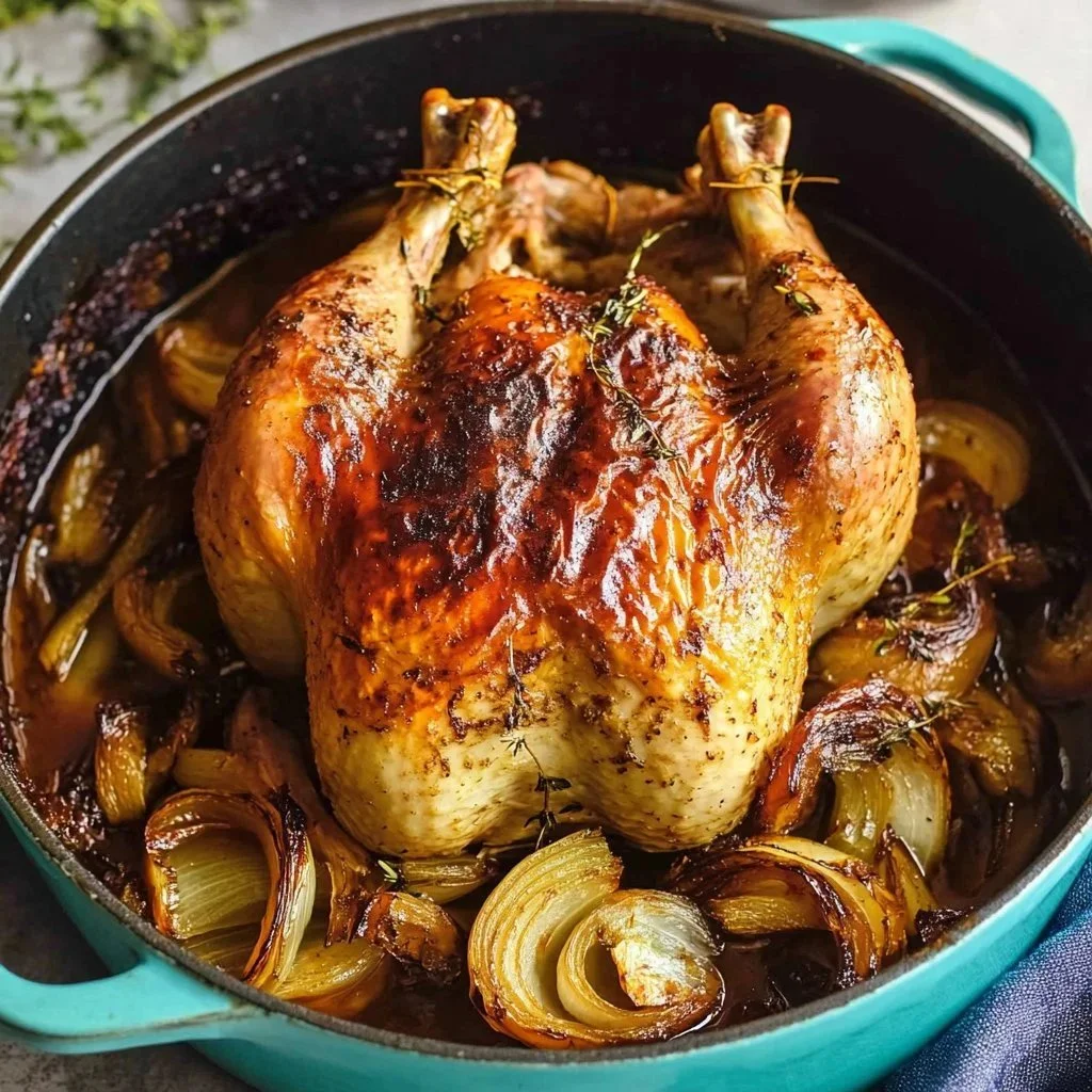 Dutch Oven roasted chicken served with herbs and vegetables