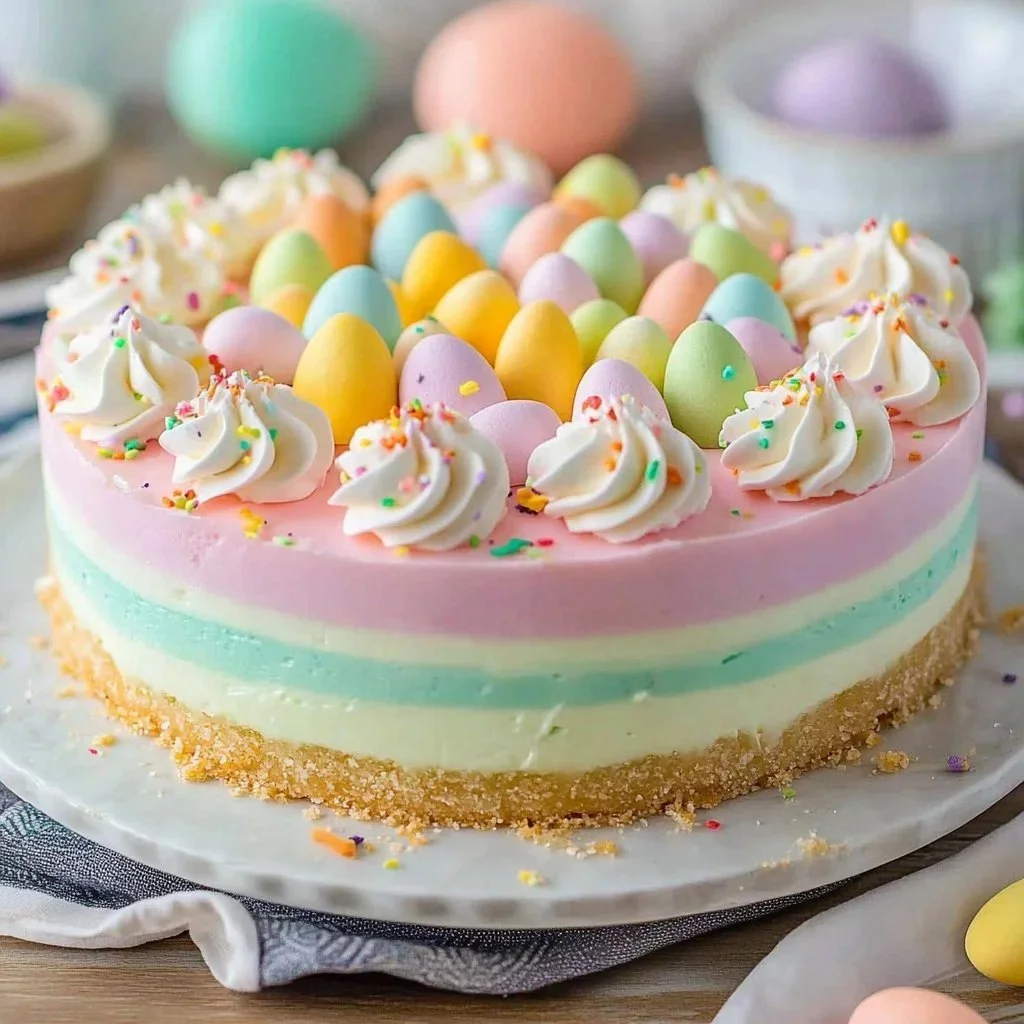 Easter Jell-O Pie Delight with colorful layers and whipped cream topping