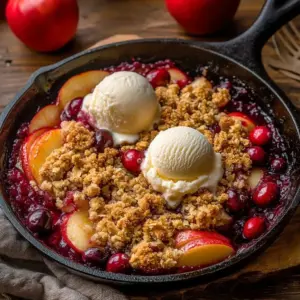 Delicious apple cranberry crisp topped with oats and served in a dish