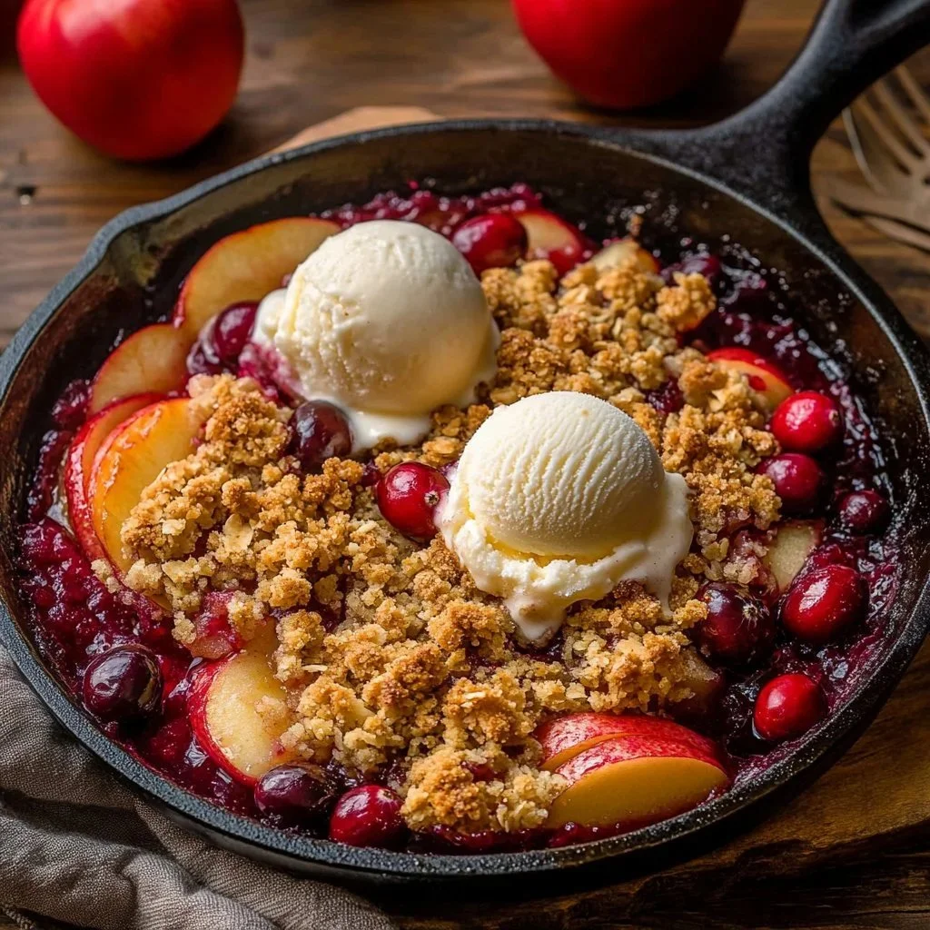 Delicious apple cranberry crisp topped with oats and served in a dish