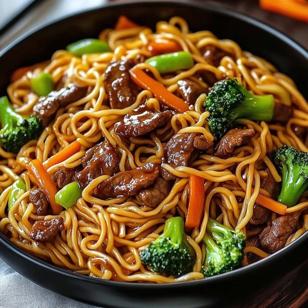Delicious beef lo mein served in a bowl, garnished with vegetables and sauce.
