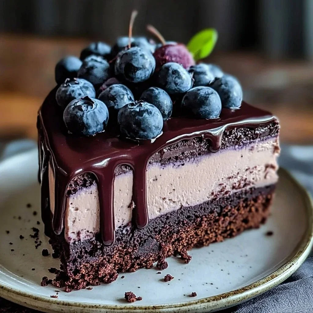 Delicious easy vegan chocolate cake decorated with fresh berries.
