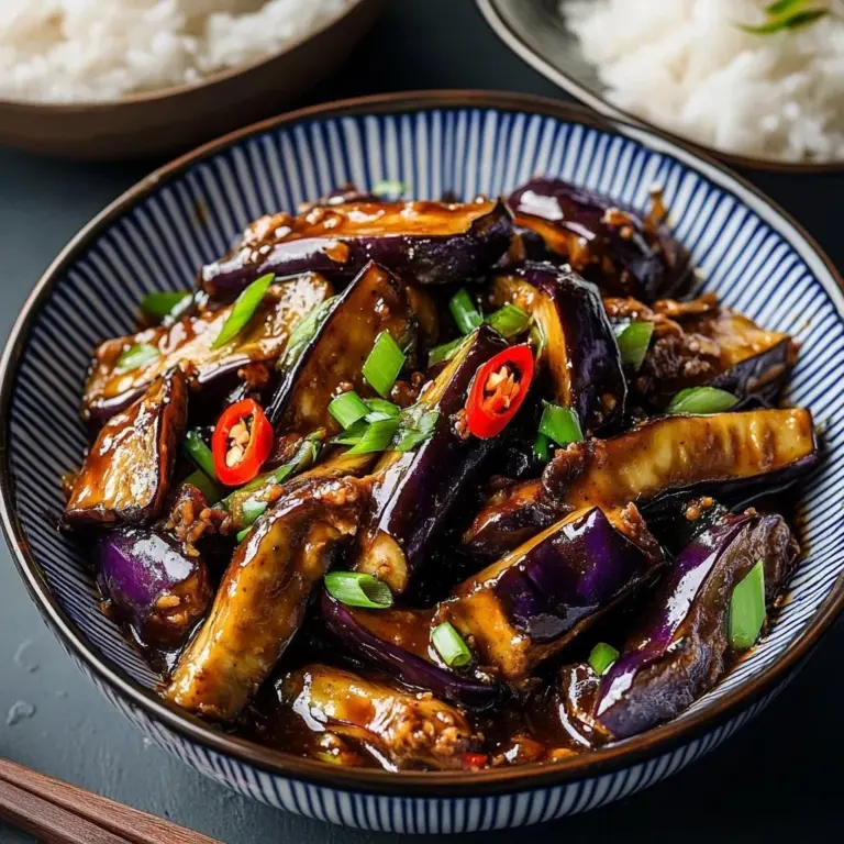 Delicious eggplant dish with garlic sauce garnished elegantly.