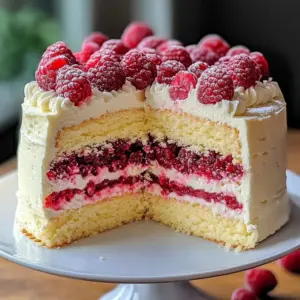 Ethereal white chocolate raspberry cake with lush layers and fresh raspberries