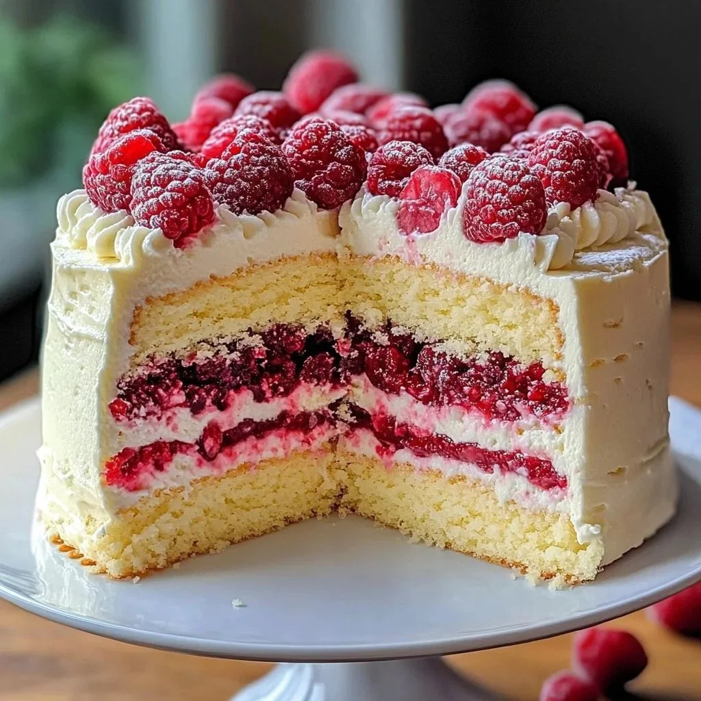 Ethereal white chocolate raspberry cake with lush layers and fresh raspberries