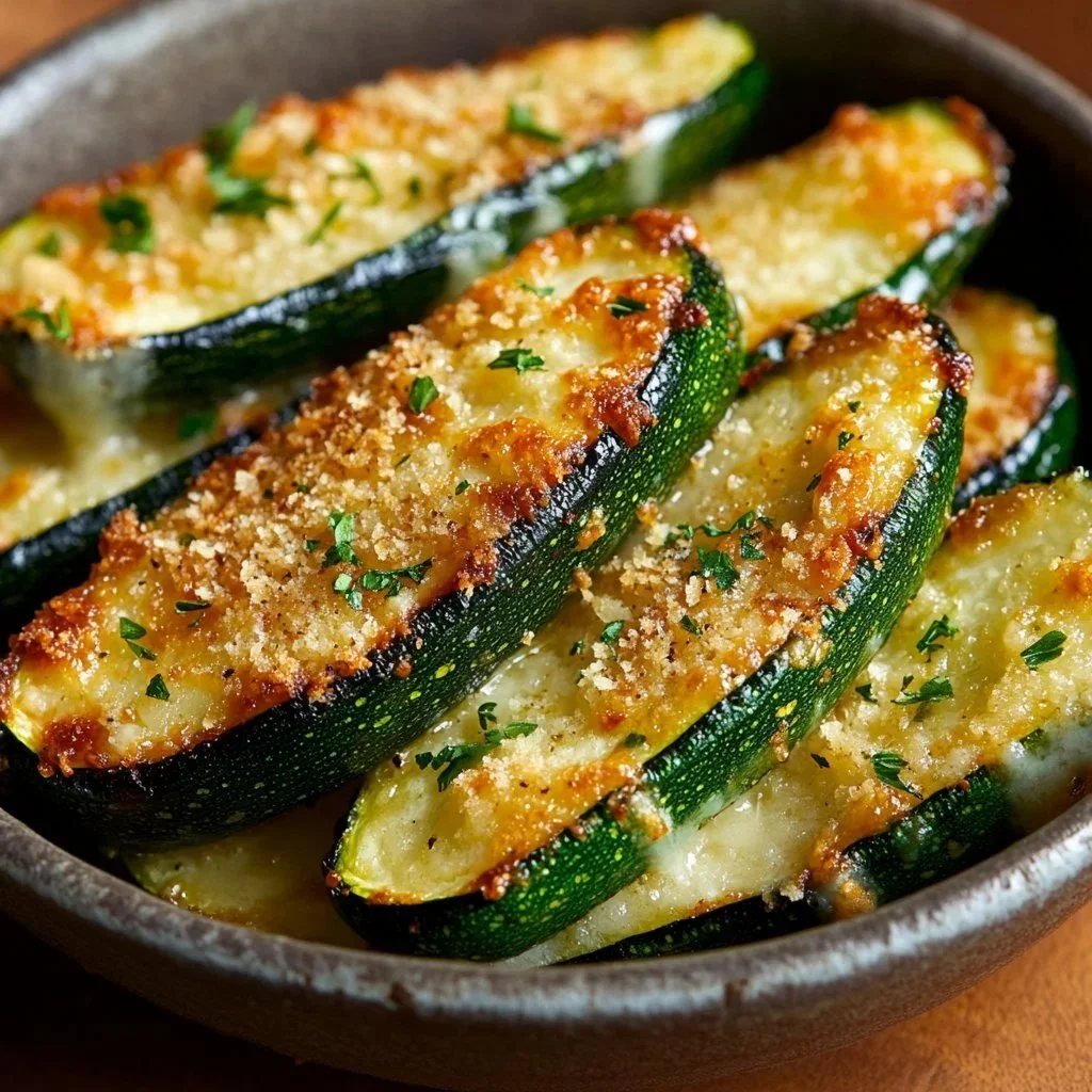 Plate of fast and easy baked zucchini with herbs and cheese
