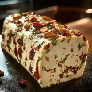 Festive cream cheese antipasto log garnished with colorful vegetables and herbs