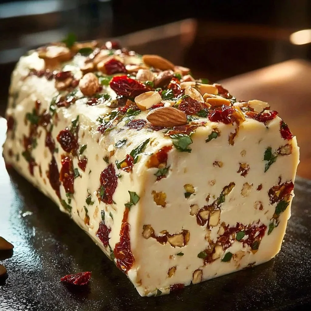 Festive cream cheese antipasto log garnished with colorful vegetables and herbs
