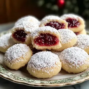 Festive raspberry almond snow cookies dusted with powdered sugar.