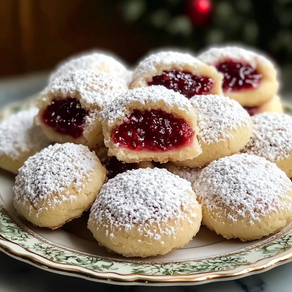 Festive raspberry almond snow cookies dusted with powdered sugar.