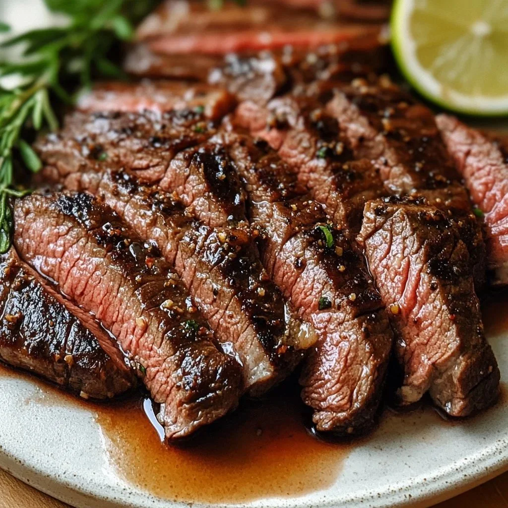 Delicious flank steak marinated and ready for grilling.